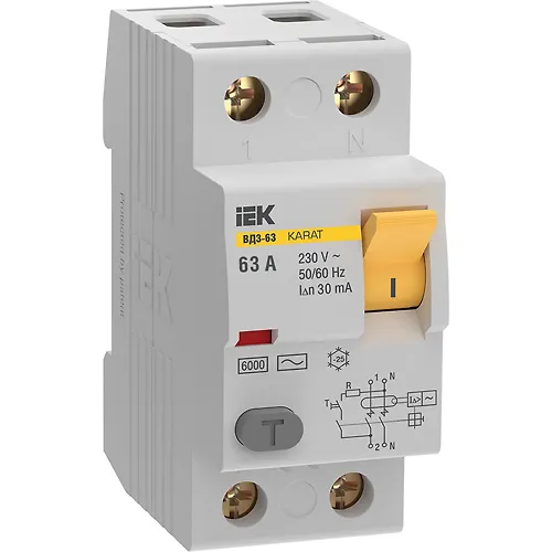 Vyklyuchatel differentsialnyj (UZO) KARAT VD3-63 2P 63A 30mA 6kA tip AC IEK_1