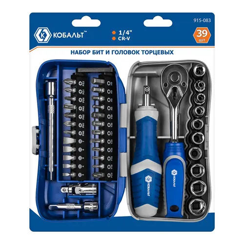 Nabor bit i golovok s treschotkoj KOBALT 39 pr.,CR-V (24 bity, 9 golovok,treschotka,otv.ruk.) 915-083_1