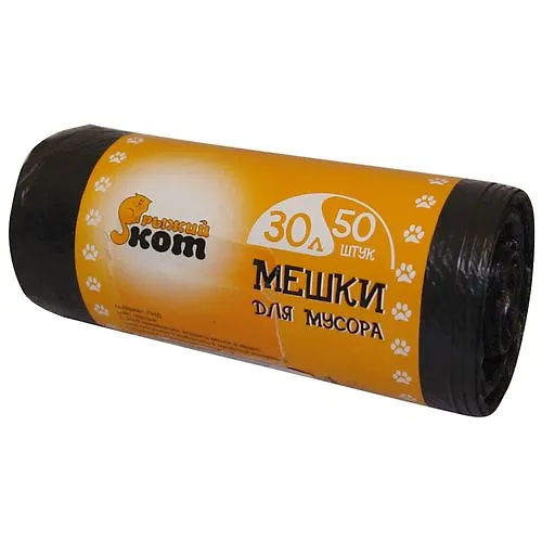 Meshki dlya musora 30 l, 50 sht/rul, PND, chernye, Ryzhij kot_1
