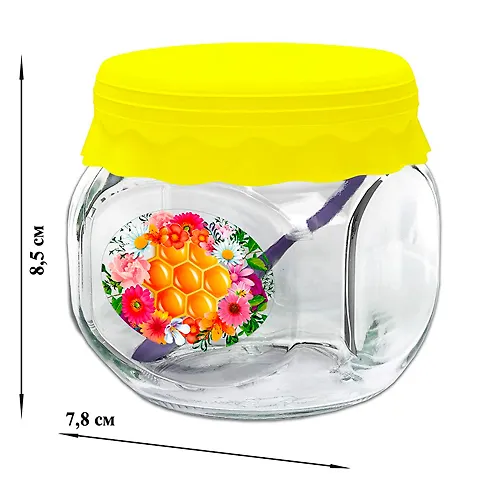 Banka d/hran. stekl. 350 ml TO82 s silikonovoj zheltoj kr.+lozhka 