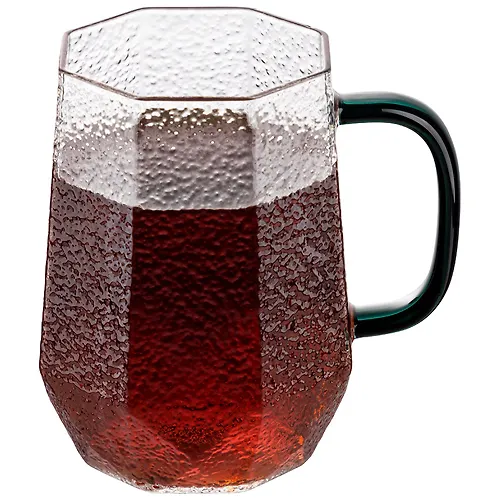Kruzhka AROMA 430 ml iz borosilikatnogo relefnogo stekla, s granyami, s ruchkoj iz tsvetnogo stekla art_1