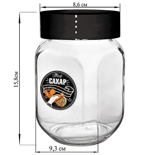 Banka dlya hraneniya stekl. 0,9l s plast chernoj kryshkoj, SAHAR chernaya_1