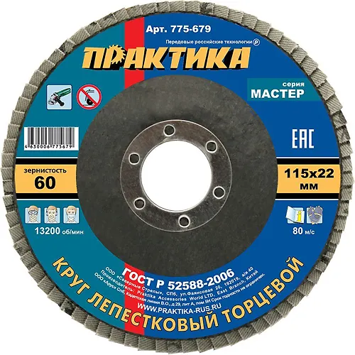 Krug lepestkovyj shlifovalnyj PRAKTIKA 115 h 22 mm R 60 (1sht.) , seriya Master_1