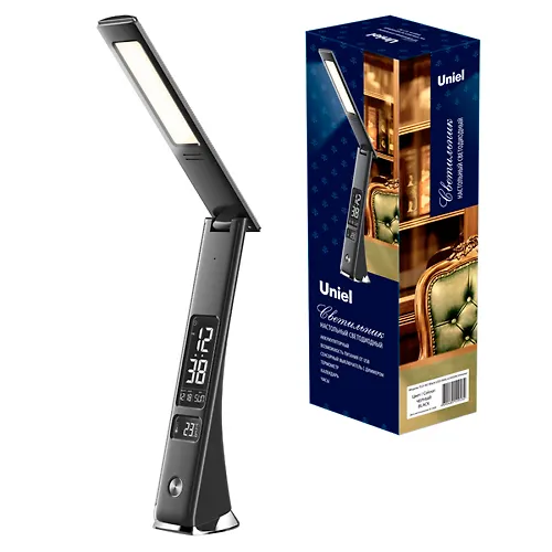 TLD-567 Black/LED/300Lm/4500K/Dimmer Svetilnik nastolnyj c chasami, kalendarem, termometrom, 6W. Vs_1