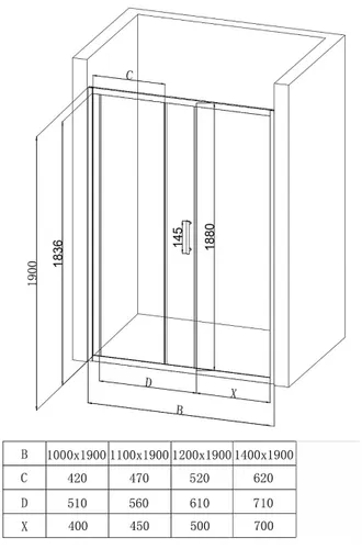 Dushevoe ograzhdenie EvaGold v proem 100h190, profil hrom, prozrachnoe steklo EG1C_3