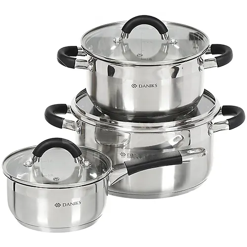 Nabor pos nerzh 6pr TURIN (1,6l, 3,1l, 5,4l) so stekl kryshkoj nerzh/ruchki induktsiya Daniks GS-01413-6PC_2