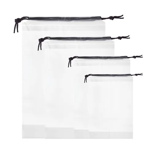 Meshochki dlya hraneniya veschej tm VETTA, 4 sht, 16x20, 18x25, 20x30, 30x35 sm, na verevke, PEVA_1