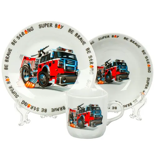 Nabor posudy keramika, 3 sht, Pozharnaya mashina, tar. 18sm, sal. 15sm,kruzh. 230ml, Daniks (435311)_1