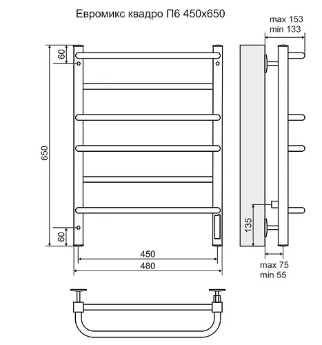 Polotentsesushitel Evromiks kvadro P6  (nerzh. stal) 450 h 650mm  ELEKTRO (VSTROEN DIMMER) TERMINUS_2