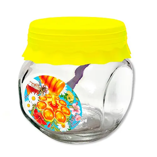 Banka d/hran. stekl. 200 ml TO66 s silikonovoj zheltoj kr.+lozhka 